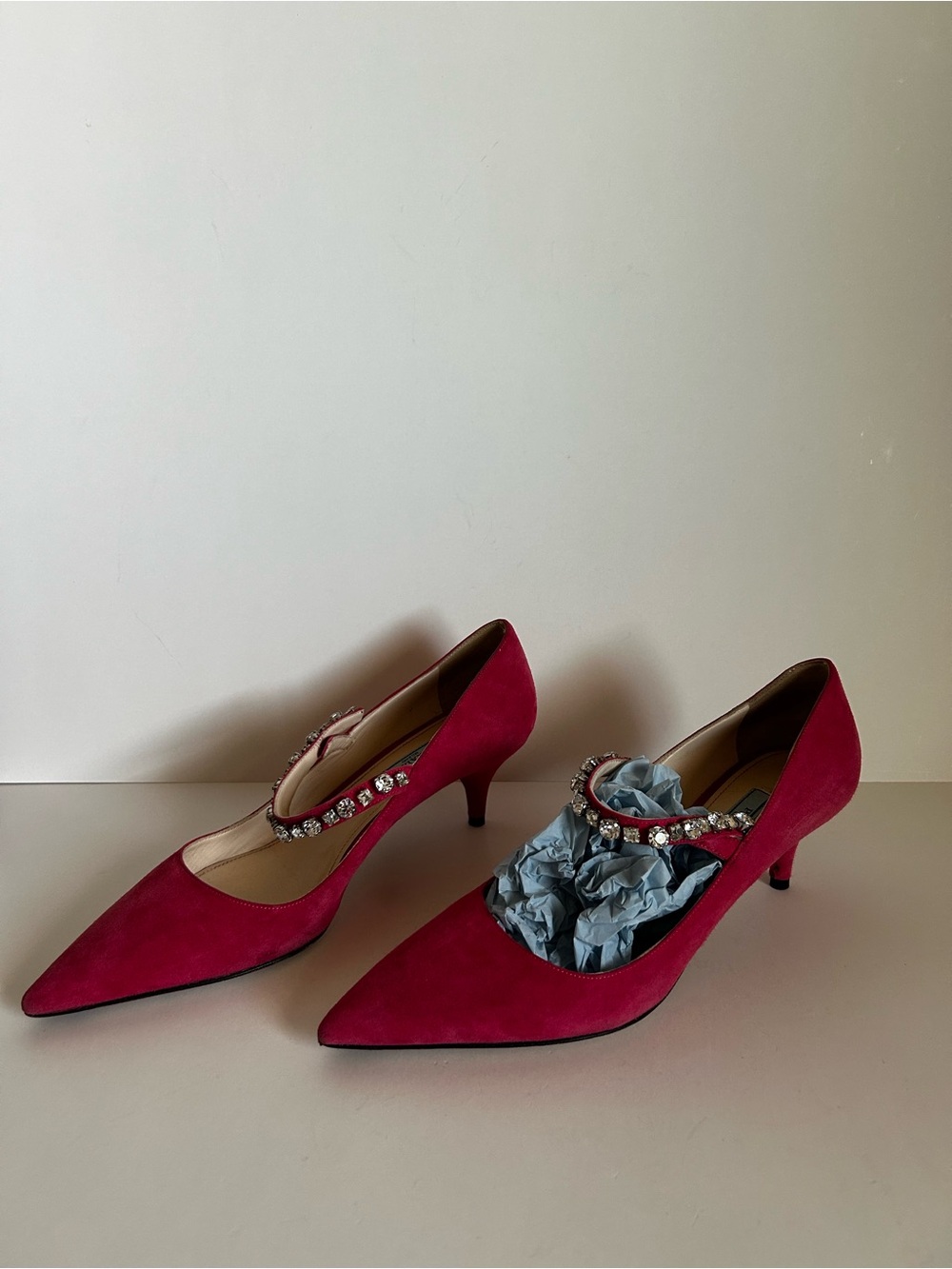 Prada Fuchsia Suede Pointed-Toe Kitten Heels with Crystal Strap - Picture 3 of 4